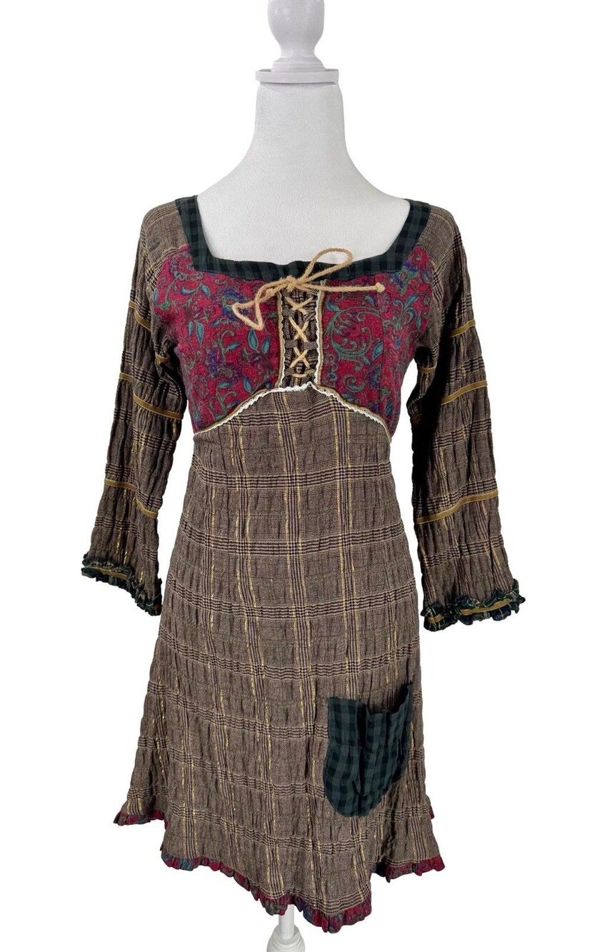 Ian‎ Mosh 1989 VTG Y2K Dress Lace-up Plaid Velvet Trims Size 1 Bohemian Emo